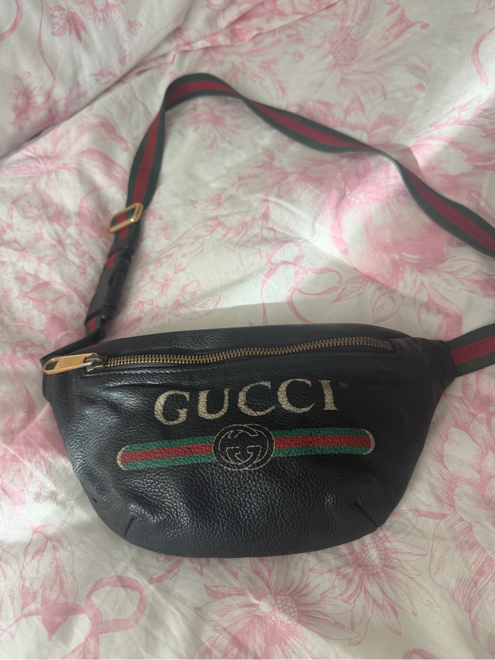 Gucci Black Leather Belt Bag with Green-Red Web Stripe and Gold Hardware